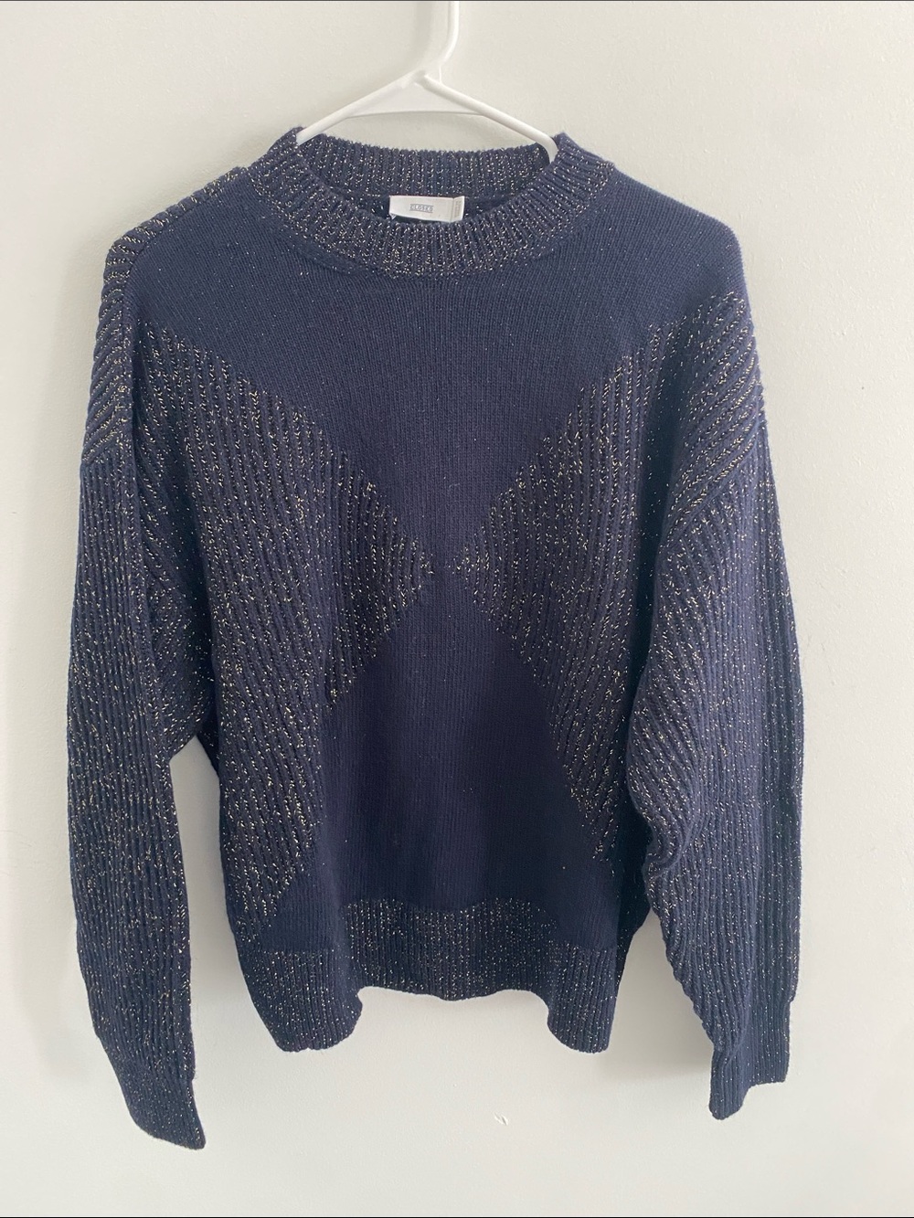 CLOSED Wool Blend Shimmering Metallic Crew Neck L/S Sweater Ribbed Chevron SMALL